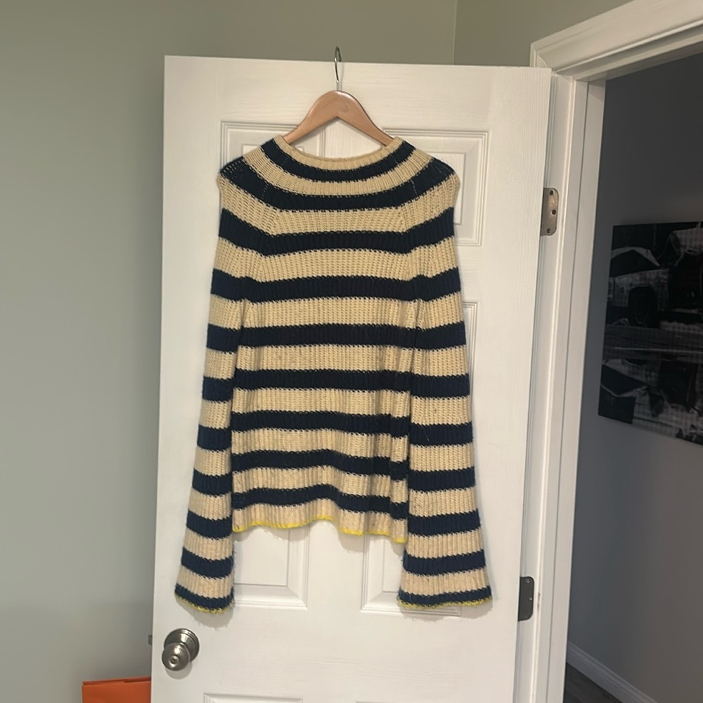 Anthropologie Maeve bell sleeve mock turtleneck sweater.  Blue and white stripe
